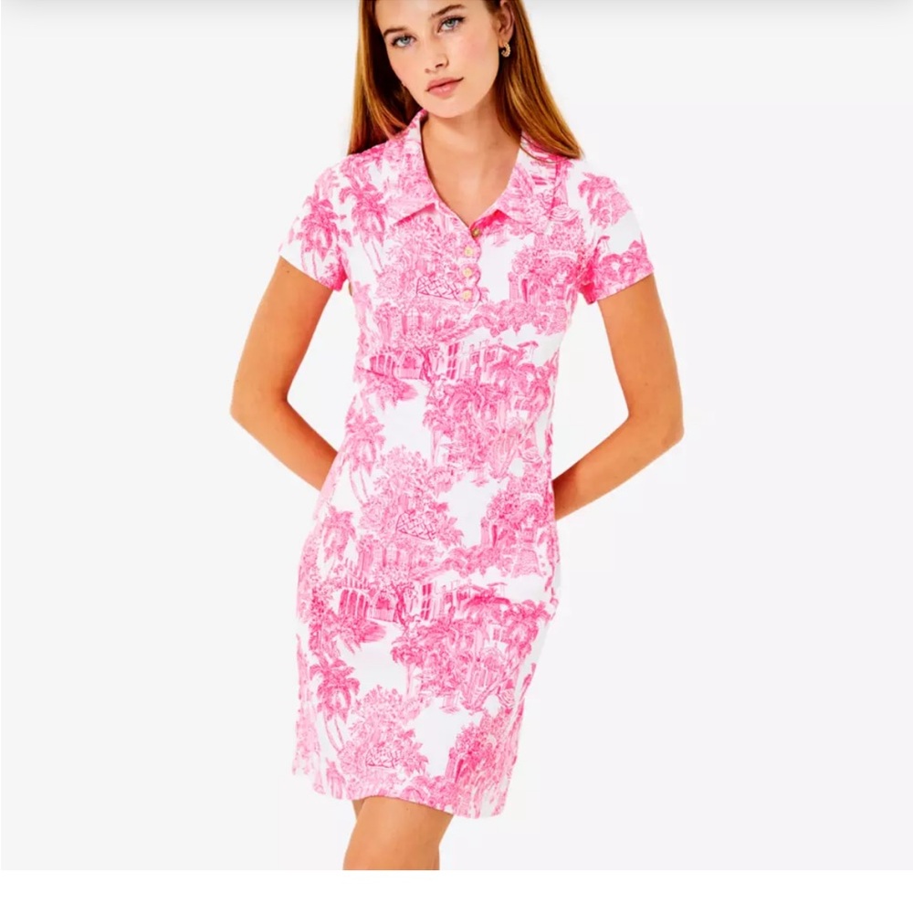 Lilly Pulitzer pink toile anniversary print Frida dress with shorts.
